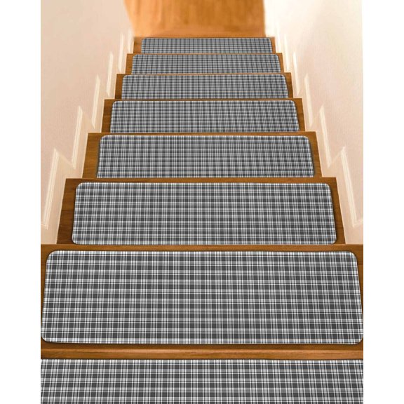 Geometric Lattice, Stair Treads for Wooden Steps Indoor Runner Rug Carpet, Black Grey Classic Farmhouse Plaid 4 Pieces Peel and Stick Staircase Step Treads Covers Washable Throw Door Mats, 30"x8"