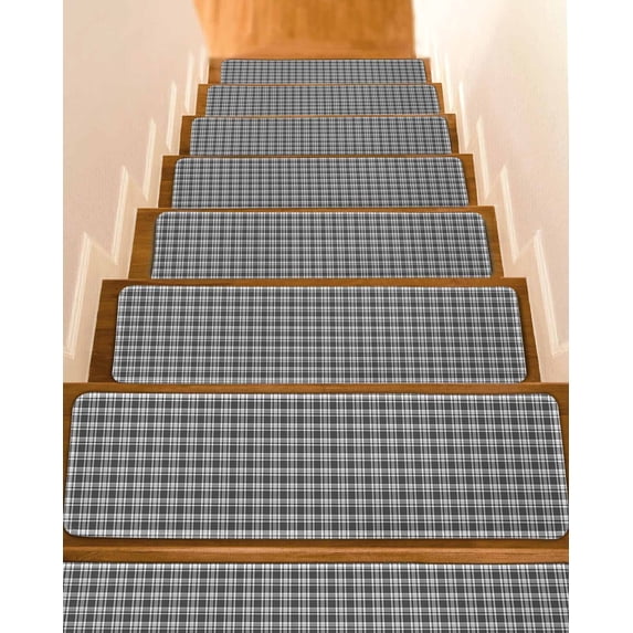Geometric Lattice, Stair Treads for Wooden Steps Indoor Runner Rug Carpet, Black Grey Classic Farmhouse Plaid 7 Pieces Peel and Stick Staircase Step Treads Covers Washable Throw Door Mats, 30"x8"