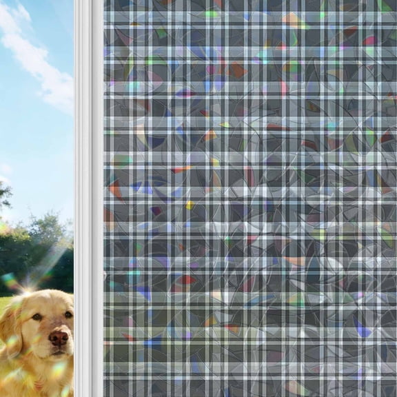 Geometric Lattice,Window Privacy Film Stain Glass,Reusable Decorative Rainbow Window Film,Black Grey Classic Farmhouse Plaid Static Cling Sun Blocking Stickers Decals Covers 17.7" x 39.3" (2pcs)