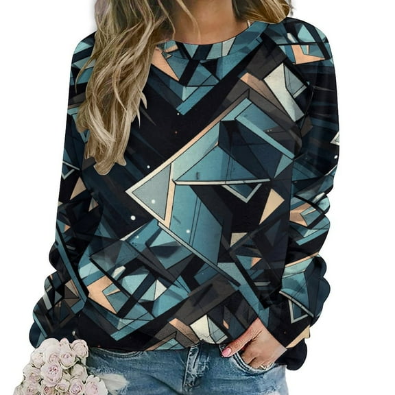 Geometric Lattice Womens Casual Crewneck Sweatshirt Long Sleeve Tops Cute Pullover Loose Fit