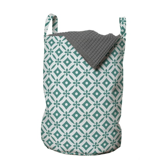 Geometric Laundry Bag, Abstract Latticework with Involuted Round Shapes and Four-Petal Flowers, Basket with Handles Drawstring Closure for Laundromats, 13" x 19", Pale Grey and Teal, by Ambesonne