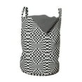 thumbnail image 1 of Geometric Laundry Bag, Checkered Pattern Groovy Image Inspired with Hallucinatory Shapes, Basket with Handles Drawstring Closure for Laundromats, 13" x 19", White and Charcoal Grey, by Ambesonne, 1 of 4