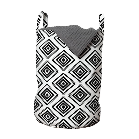 Geometric Laundry Bag, Tribal Pattern Aztec Civilization Inspired Digital Artwork Monochrome Americas, Basket with Handles Drawstring Closure for Laundromats, 13" x 19", Black White, by Ambesonne