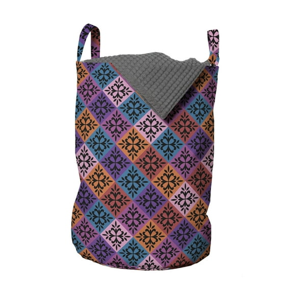 Geometric Laundry Bag, Vintage Simplistic Argyle Pattern as Colorful Blocks Ornamented with Flowers, Hamper Basket with Handles Drawstring Closure for Laundromats, 13" x 19", Multicolor, by Ambesonne