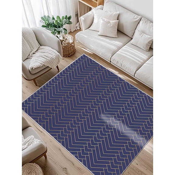Geometric Line Area Rug for Bedroom 4x6 Ft Yellow Border Indigo Blue Background Super Soft fuzzy Throw Rug Non-Slip Fluffy Plush Indoor Floor Carpet for Living Room Nursery Home Decor
