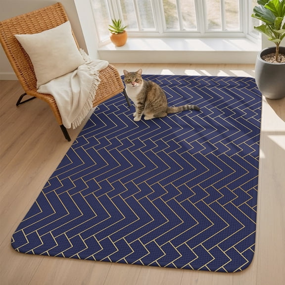 Geometric Line Area Rugs for Living Room 5x6, Yellow Border Indigo Blue Background Washable Area Rug with Non Slip Backing, Stain Resist Linen Carpet for Bedroom, Dining Room, Entryway, Entrance