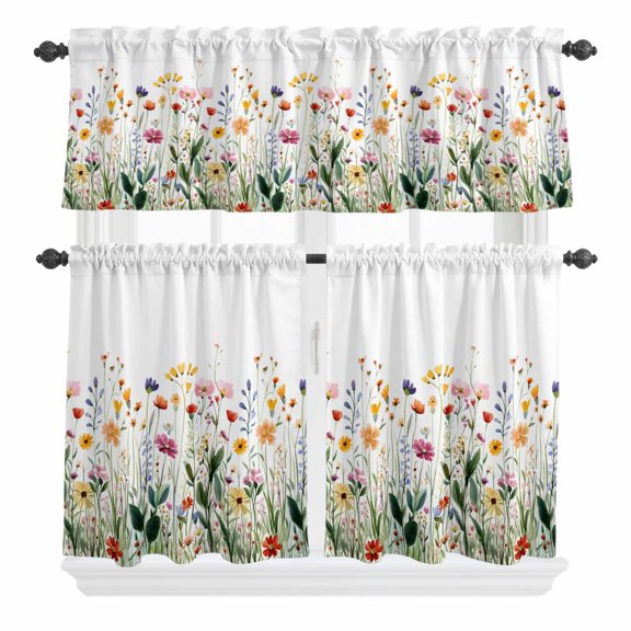 Geometric Line Curtain Valances Set Yellow Border Indigo Blue Background Kitchen Curtains 36 inch Length Rod Pocket Valance and Tiers 3 Piece Set Small Bedroom Bathroom Laundry Decor