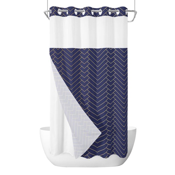 Geometric Line No Hook Shower Curtain with Snap in Liner, Yellow Border Indigo Blue Background Waterproof Shower Curtain for Bathroom with Top Sheer Window, 36x72 Inch