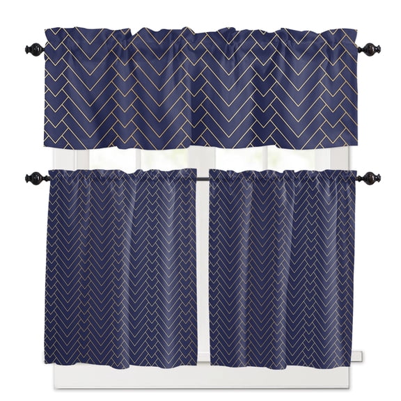 Geometric Line Kitchen Curtains Valances and Tiers Set of 3, Indigo Blue Background 24 Inch Length Tier Curtains and Valance Rod Pocket Valance Curtains Set for Kitchen Bathroom Small Windows