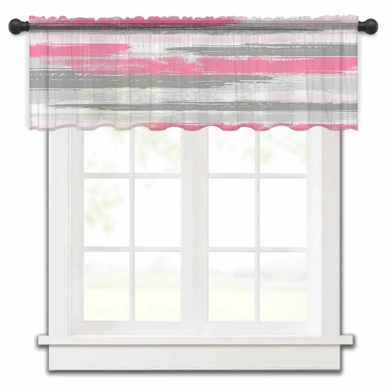 Geometric Line Paint Brush Pink Gray Kitchen Curtains Tulle Sheer Short