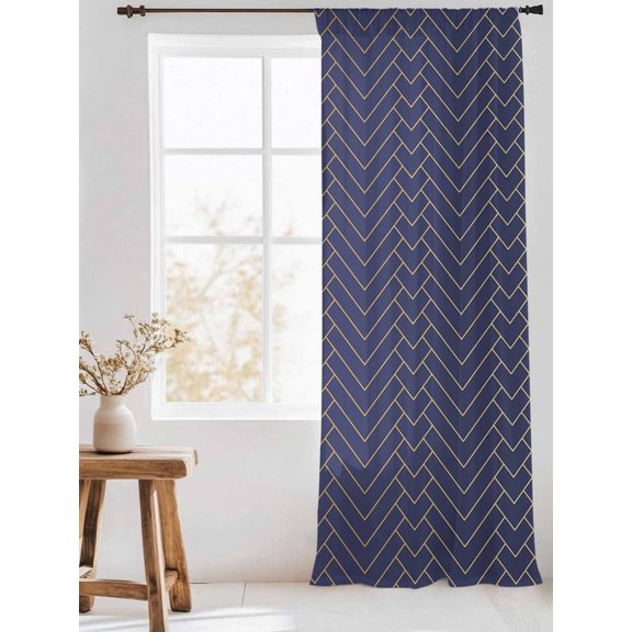 Geometric Line Sheer Curtains 108 Inch Long 1 Panel Yellow Border Indigo Blue Background Light Filterring Curtain Drapes Rod Pocket Voile Window Curtain for Living Room Bedroom 52" x 108"