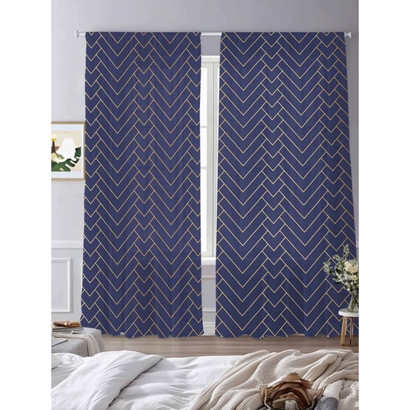 Geometric Line Sheer Curtains 84 inches Long 2 Panels Set Yellow Border Indigo Blue Background Tiers Sheers Rod Pocket Small Window Short Curtains for Kitchen Cafe, Each 52" W x 84" L