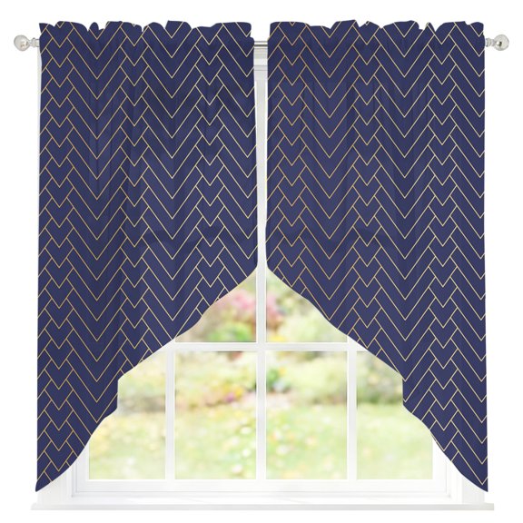 Geometric Line Sheer Curtains Swag Valances for Windows Yellow Border Indigo Blue Background Rod Pocket Swag Curtain Small Window Curtain for Kitchen Living Room Bedroom, 1 Pair 28"W x 36"L