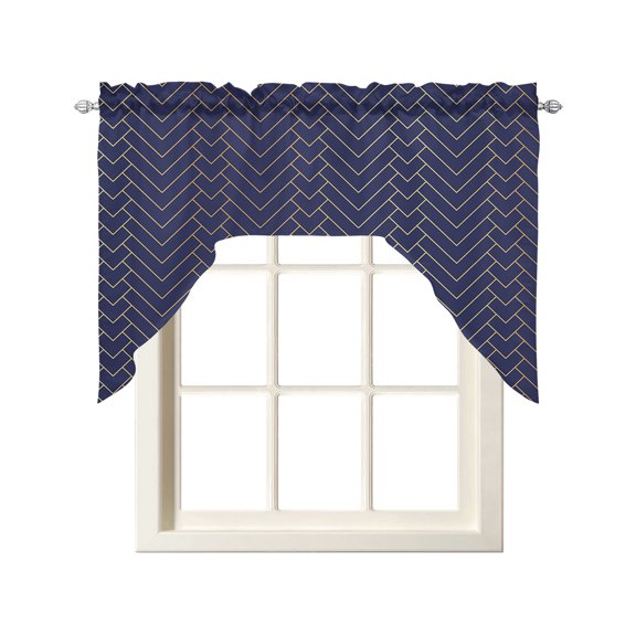 Geometric Line Swag Valance and Tier Curtains Set Yellow Border Indigo Blue Background Kitchen Curtains 3 Piece Set Rod Pocket Panels for Bedroom Cafe 56x36 inch