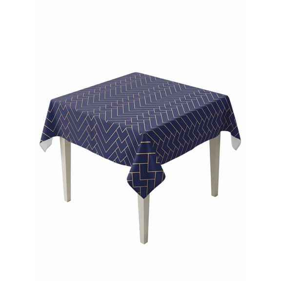 Geometric Line Table Cloth 60x60 Inch Square, Yellow Border Indigo Blue Background Waterproof Tablecloth Washable Table Cover for Party Picnic Dinner Decor