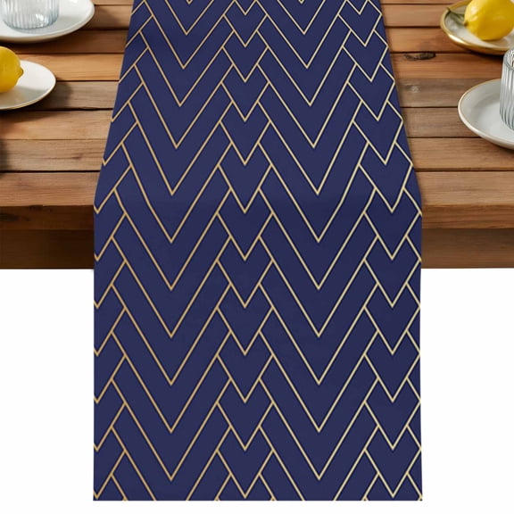 Geometric Line Table Runner, Yellow Border Cotton Linen Table Cloth, Indigo Blue Background Tablerunner for Kitchen Dining Party Wedding Home Decor 13x60 Inch
