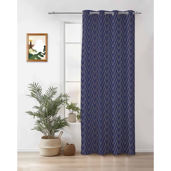 Geometric Line Thermal Insulated Blackout Curtains for Bedroom 54 Length Yellow Border Indigo Blue Background Room Darkening Curtain 1 Panel Grommet Window Curtain Drape for Living Room Nursery Room