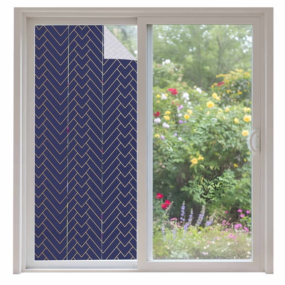 Geometric Line Window Privacy Film Yellow Border Indigo Blue Background Decorative Glass Window Film UV Blocking Static Cling Non-Adhesive Sticker Covering for Home Door 35.4x78.7 inches