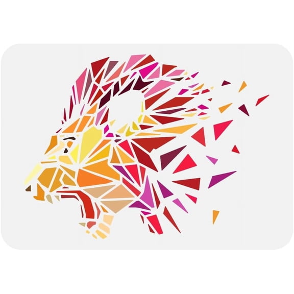 Geometric Lion Painting Stencil 8.3x11.7inch Plastic PET Roaring Lion Head Drawing Template Hollowed Geometric Broken Pattern Stencil Animal Theme Template for Painting on Wood Canvas colorful
