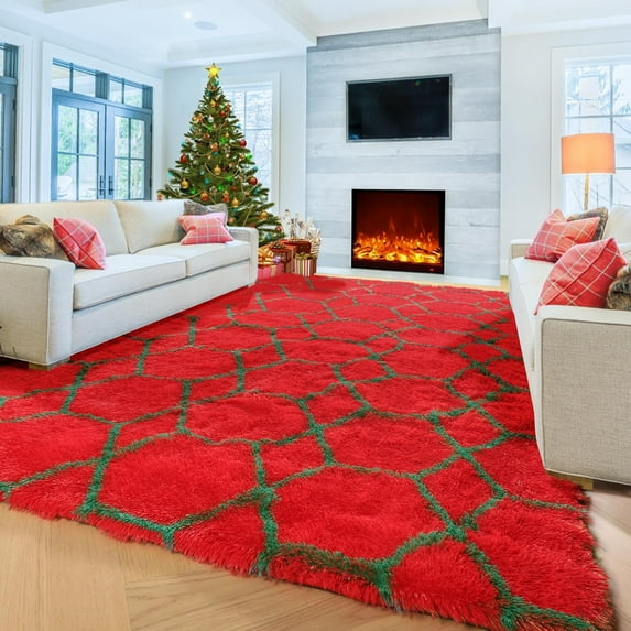 Geometric Living Room Rug 5x8, Fluffy Red and Dark Green Bedroom Area Rug, Moroccan Floor Rugs for Christmas Home Decor Aesthetic, Soft Shaggy Plush Carpet for Kids Girls Teen Nursery Dorm