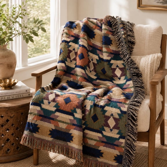 Geometric Lodge Woven Cotton Throw Blanket, Southwestern Armchair Accent