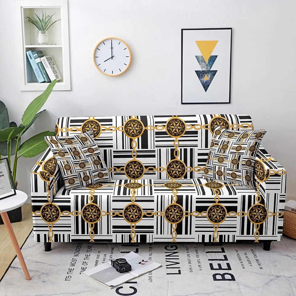 Geometric Luxury Sofa Covers for Living Room Gold Chain Stretch