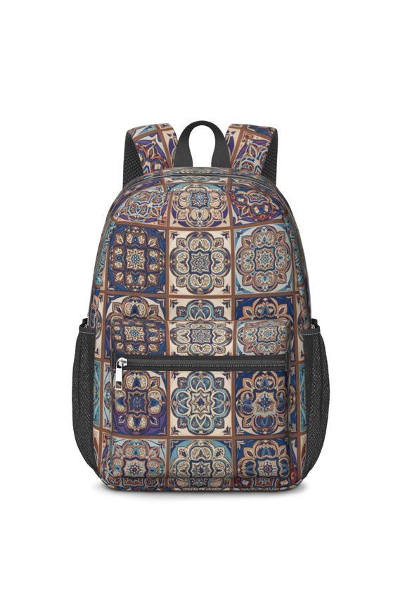 Geometric Mandala Beige Pattern 17" School Backpacks for Teens,Waterproof Oxford Fabric,S-Shape Padded Straps for School,Travel,Hiking,Camping