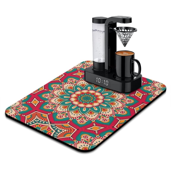 Geometric Mandala Coffee Maker Mat - 4-Layer Drying Mat with Artistic Floral Design
