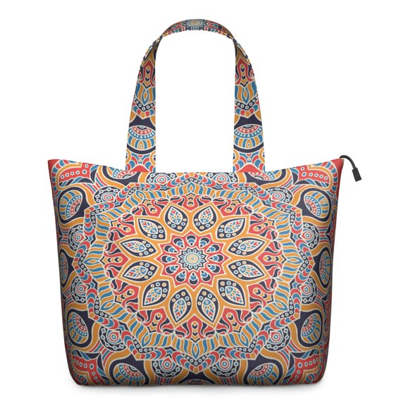 Geometric Mandala Design Large Capacity Tote Bag - Secure Zipper Closure & Lightweight, Perfect for Travel, Gym & Daily Essentials