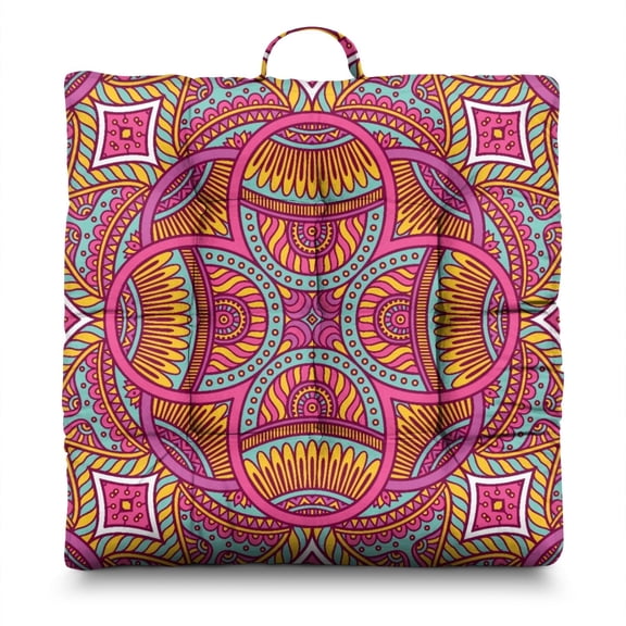 Geometric Mandala Design Meditation Seat Thick & Supportive Tatami Mat Pad with Abstract Ornamental Art, Resilient PP Cotton Filling