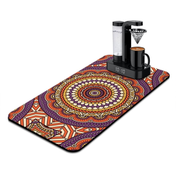 Geometric Mandala Dish Drying Mat, Abstract Ornamental Absorbent Coffee Bar Mat, Ethnic Inspired Kitchen Counter Protector