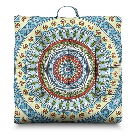 Geometric Mandala Floor Pillow&nbsp;– 22 Inch Large Square Cushion, Vintage Traditional Mandala, Thick for Back Pain Relief