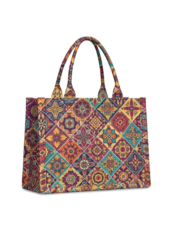 Geometric Mandala Red Pattern Tote Bag, Laptop Carry Tote with Interior Pockets & Top Handle, Smooth Zipper Gifts for Work Shopping Travel,15.7 X 5.1 X 13 Inches