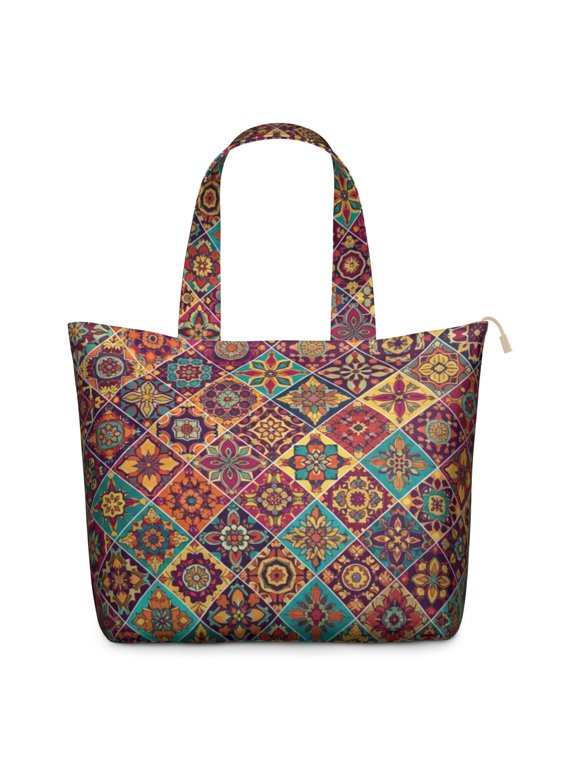 Geometric Mandala Red Pattern Weekend Tote Bag, Outdoor Travel Carryall with Inner Zip Pocket, Full Length Zipper Gift Ideas for Holiday Birthday Gifts,22 X 12 X 18 Inches