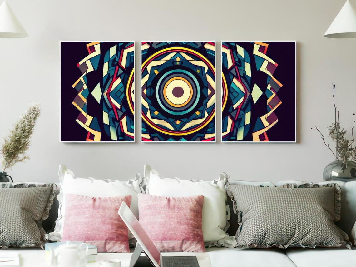 Geometric Mandala Wall Art Print Set Of 3, Stained Glass Style Sacred ...