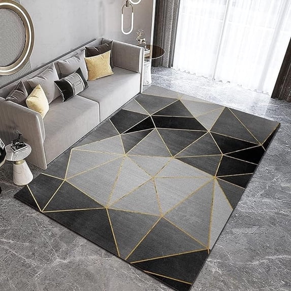 Geometric Marble Area Rug, Black Gold Marble Indoor Rug, Modern Abstract Art Mats, Non Shedding Moroccan Living Room Rug, Non Slip Washable Rug For Bedroom,Study,Office 4x5ft