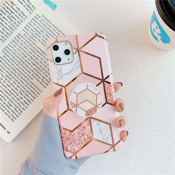 Geometric Marble Case Hard PC Bumper Protective & Shockproof Shell Cover (12/12 Pro/12 Pro Max with Pop Socket, Coral)