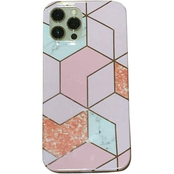 Geometric Marble Case Hard PC Bumper Protective & Shockproof Shell Cover (12/12 Pro/12 Pro Max with Pop Socket, Coral)