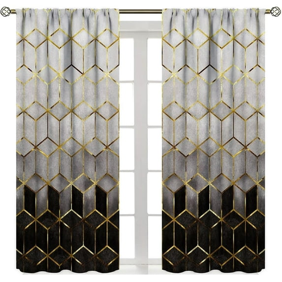 Geometric Marble Curtains, Black Gold Abstract Geometry Pattern Texture Window Treatments for Bedroom Living Room, Black Luxury Marble Drape 2 Panel Sets,42x84 Inch Blackout