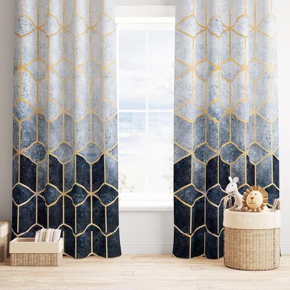Geometric Marble Curtains, Navy Blue Gold Abstract Geometry Hexagon Pattern Texture Window Treatments for Bedroom Living Room, Navy Ombre Marble Drape 2 Panel Sets,55x63 Inch