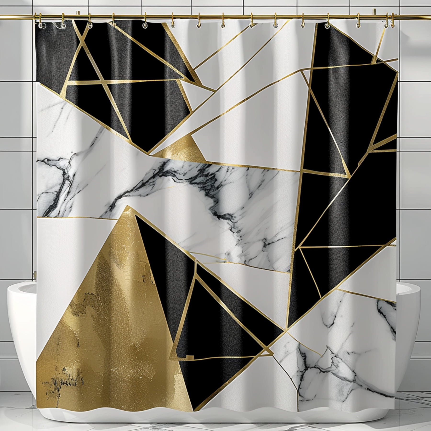 Geometric Marble Shower Curtain Black White Gold Bathroom Decor Modern