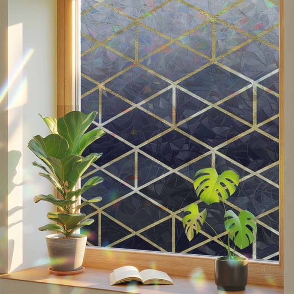 Geometric Marble Window Privacy Film, Abstract Gradients Darkblue Rhombus Plaid Stained Glass Rainbow Film Decorative Window Clings, Static Cling Sun Blocking Stickers 17.7" x 39.3"