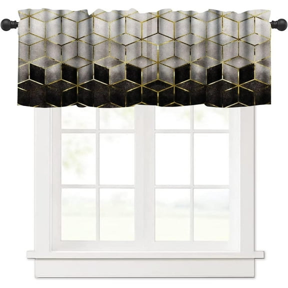 Geometric Marble Window Valance Curtains Black Gold Textured Short Curtain for Kitchen Living Room Bathroom Windows, 1 Panel Drapes Rod Pocket Valances 54 x 18 inch