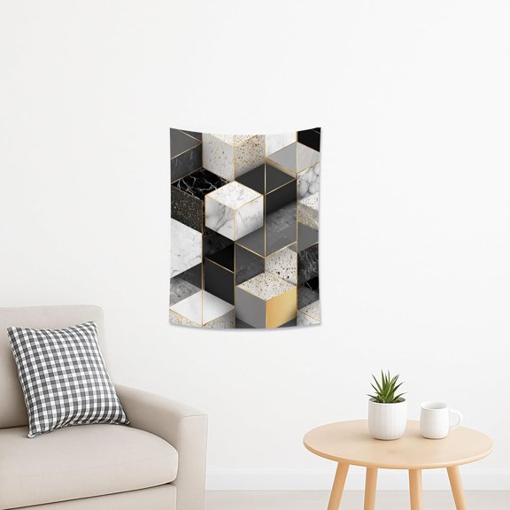 Geometric Marble and Gold Tapestry, Monochrome Gray Black Decorative Wall Hanging for Living Room and Bedroom, Modern Home Decor 30 x 40 Inch