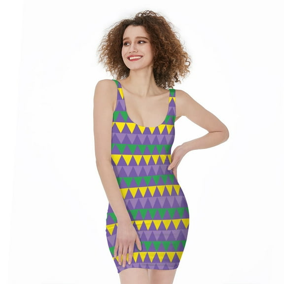 Geometric Mardi Gras Pattern Print Sleeveless Bodycon Dress, Mardi Gras Fashion Summer Maxi Dress For Women