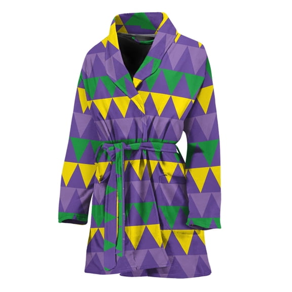 Geometric Mardi Gras Pattern Women Bathrobe One Size Univeral Fits, Mardi Gras Fashion Lightweight Plush Fleece Long Robe For Women