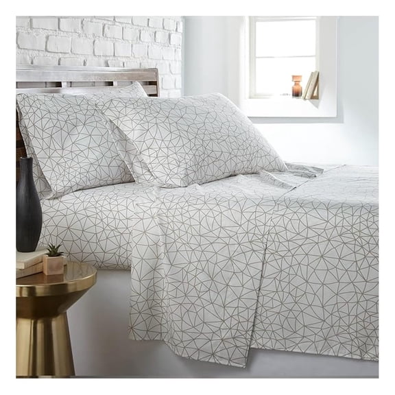 Geometric Maze Collection, 3-Piece White Twin Sheet Set with Taupe Pattern, 15 Inch Deep Pocket Sheets, Twin White Flat Sheet, Standard Pillowcase, Microfiber Sheets
