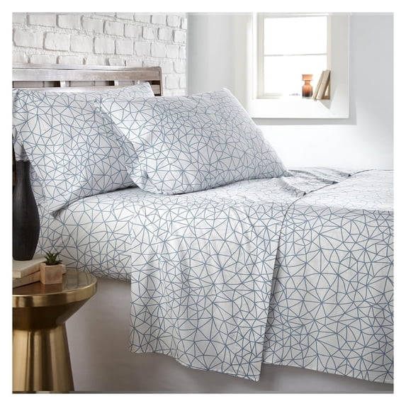 Geometric Maze Collection, 4-Piece King Size Fitted Sheet and Pillow Cases and Flat Sheet, 14-Inch White King Size Sheets Deep Pocket Set, White Sheets with Blue Pattern