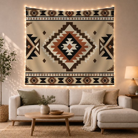 Geometric Medallion on Beige Background, Cozy Folk Art for Southwestern Decor Lovers, Tribal Pattern Wall Art, Housewarming Gift, Tapestry Wall Hanging for Living Room and Bedroom