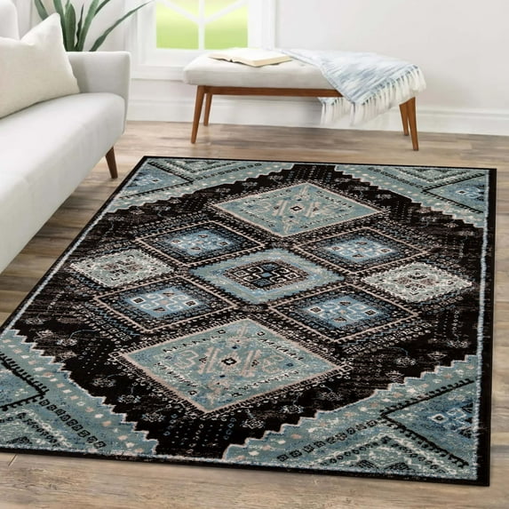 Geometric Medallion Design Indoor Rug, 8' x 10', Black Grey